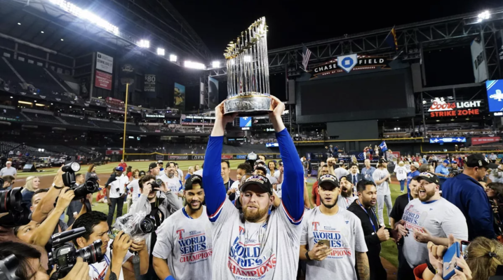 Texas Rangers celebrating after winning the World Series. (Photo Getty Images)